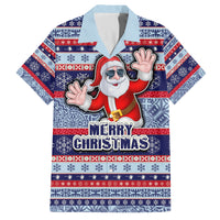 Custom Fiji Christmas Family Matching Off Shoulder Maxi Dress and Hawaiian Shirt Fijian Santa and Coat of Arms Mix Tapa Pattern Striped Style LT03 Dad's Shirt - Short Sleeve Blue - Polynesian Pride