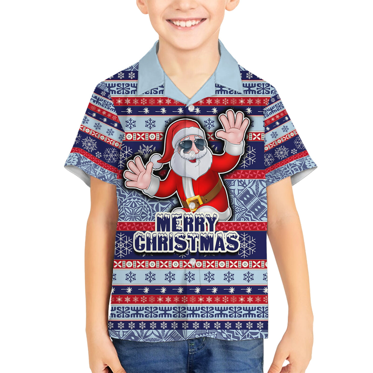 Custom Fiji Christmas Family Matching Off Shoulder Maxi Dress and Hawaiian Shirt Fijian Santa and Coat of Arms Mix Tapa Pattern Striped Style LT03 Son's Shirt Blue - Polynesian Pride
