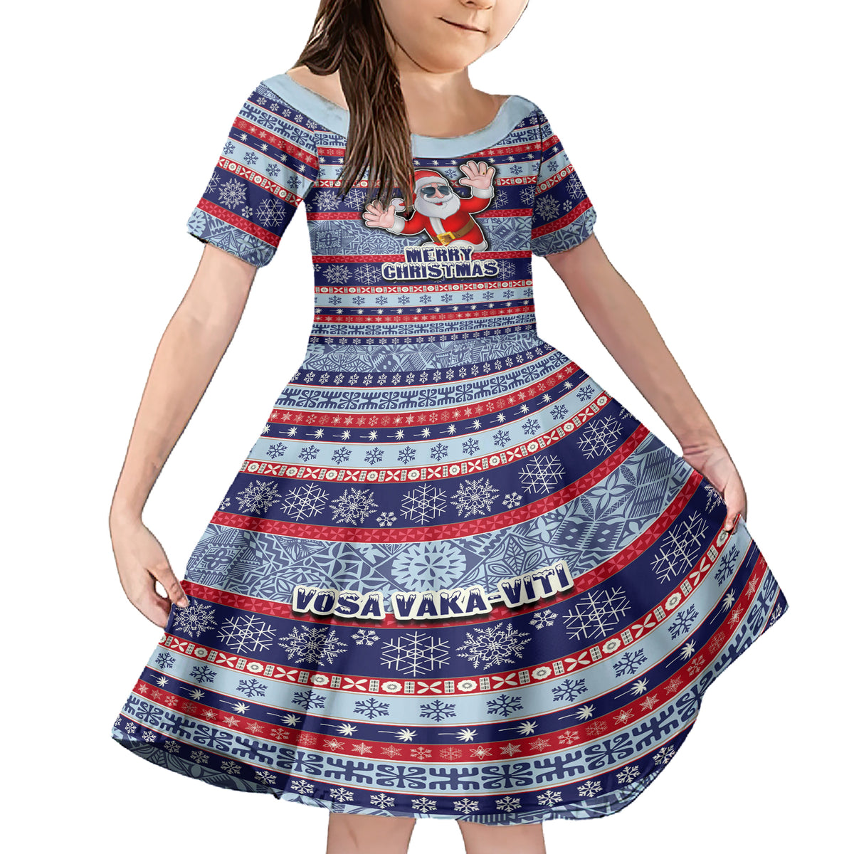 Custom Fiji Christmas Family Matching Short Sleeve Bodycon Dress and Hawaiian Shirt Fijian Santa and Coat of Arms Mix Tapa Pattern Striped Style LT03 Daughter's Dress Blue - Polynesian Pride
