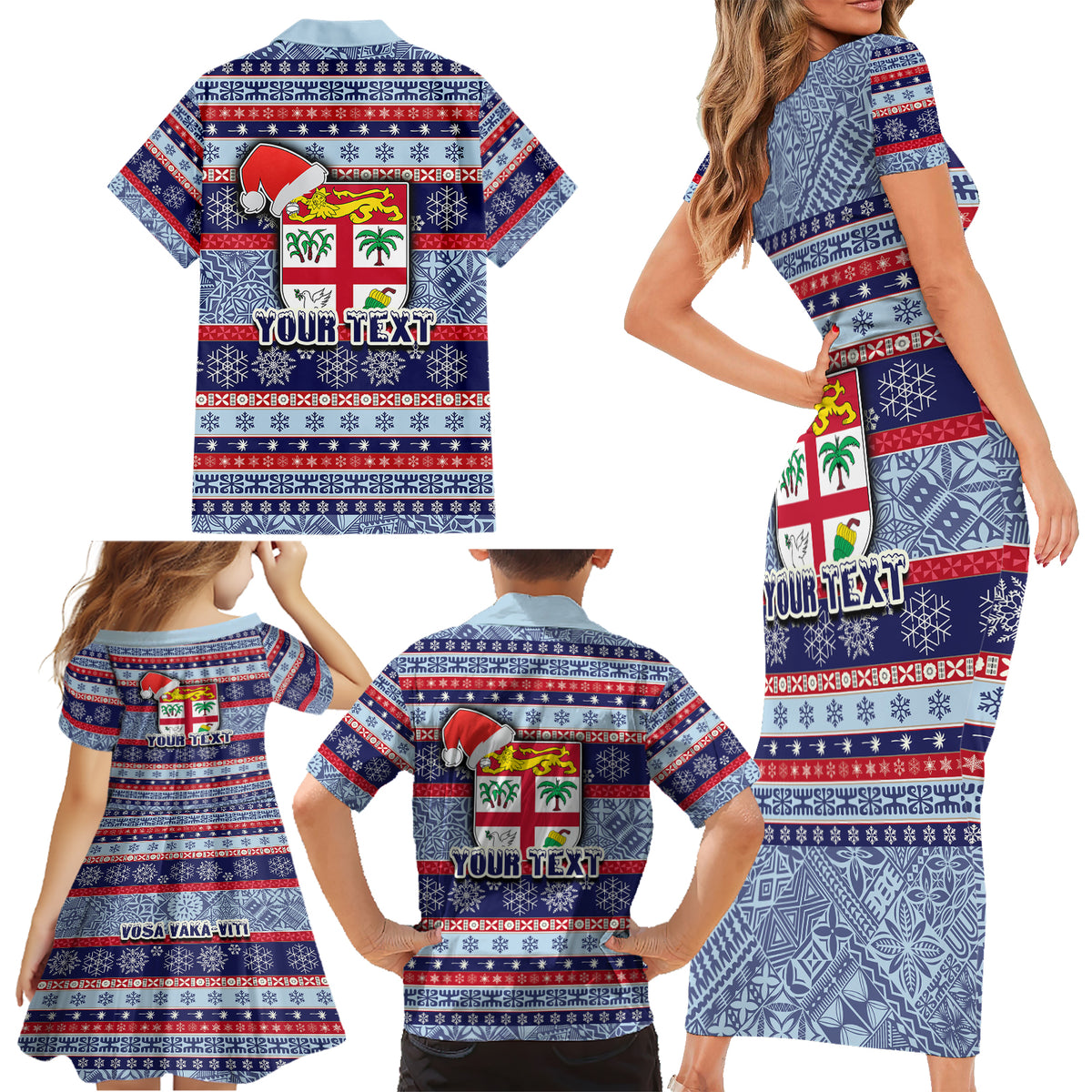 Custom Fiji Christmas Family Matching Short Sleeve Bodycon Dress and Hawaiian Shirt Fijian Santa and Coat of Arms Mix Tapa Pattern Striped Style LT03 - Polynesian Pride