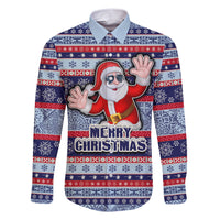 Custom Fiji Christmas Family Matching Short Sleeve Bodycon Dress and Hawaiian Shirt Fijian Santa and Coat of Arms Mix Tapa Pattern Striped Style LT03 Dad's Shirt - Long Sleeve Blue - Polynesian Pride