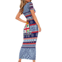 Custom Fiji Christmas Family Matching Short Sleeve Bodycon Dress and Hawaiian Shirt Fijian Santa and Coat of Arms Mix Tapa Pattern Striped Style LT03 - Polynesian Pride