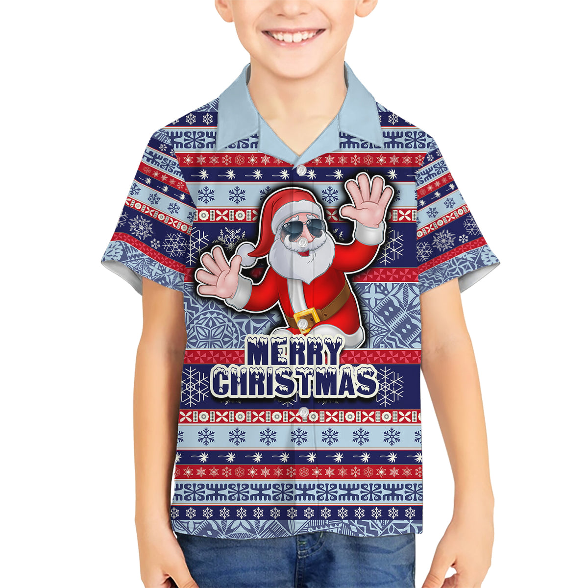 Custom Fiji Christmas Family Matching Short Sleeve Bodycon Dress and Hawaiian Shirt Fijian Santa and Coat of Arms Mix Tapa Pattern Striped Style LT03 Son's Shirt Blue - Polynesian Pride