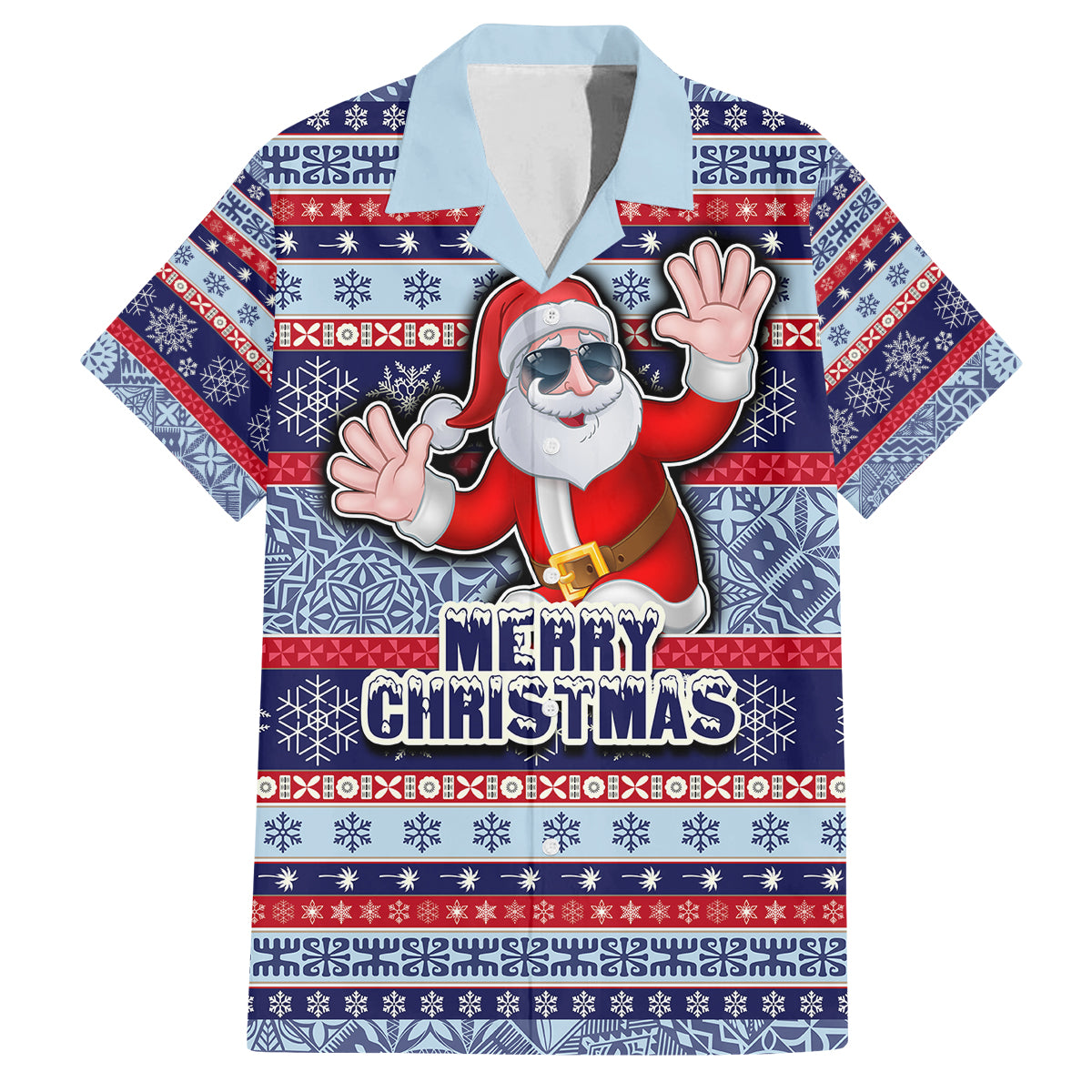 Custom Fiji Christmas Family Matching Tank Maxi Dress and Hawaiian Shirt Fijian Santa and Coat of Arms Mix Tapa Pattern Striped Style LT03 Dad's Shirt - Short Sleeve Blue - Polynesian Pride