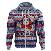 Custom Fiji Christmas Hoodie Fijian Santa and Coat of Arms Mix Tapa Pattern Striped Style LT03 Zip Hoodie Blue - Polynesian Pride