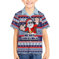 Custom Fiji Christmas Kid Hawaiian Shirt Fijian Santa and Coat of Arms Mix Tapa Pattern Striped Style LT03 Kid Blue - Polynesian Pride