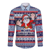 Custom Fiji Christmas Long Sleeve Button Shirt Fijian Santa and Coat of Arms Mix Tapa Pattern Striped Style LT03 Unisex Blue - Polynesian Pride