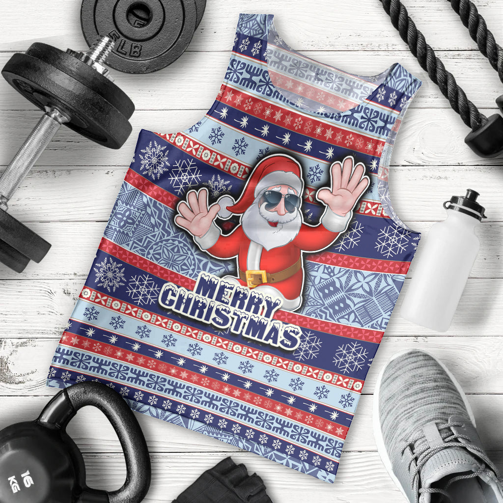 Custom Fiji Christmas Men Tank Top Fijian Santa and Coat of Arms Mix Tapa Pattern Striped Style LT03 Blue - Polynesian Pride