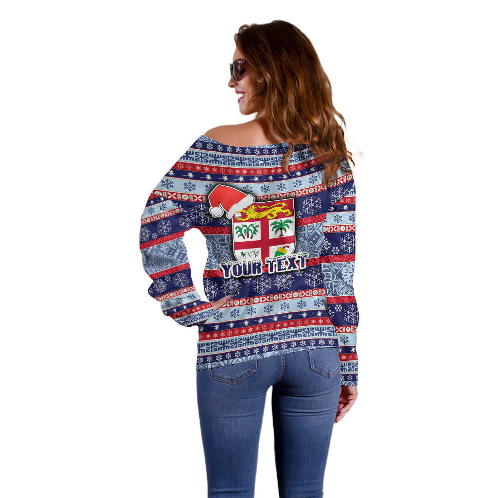 Custom Fiji Christmas Off Shoulder Sweater Fijian Santa and Coat of Arms Mix Tapa Pattern Striped Style LT03 - Polynesian Pride