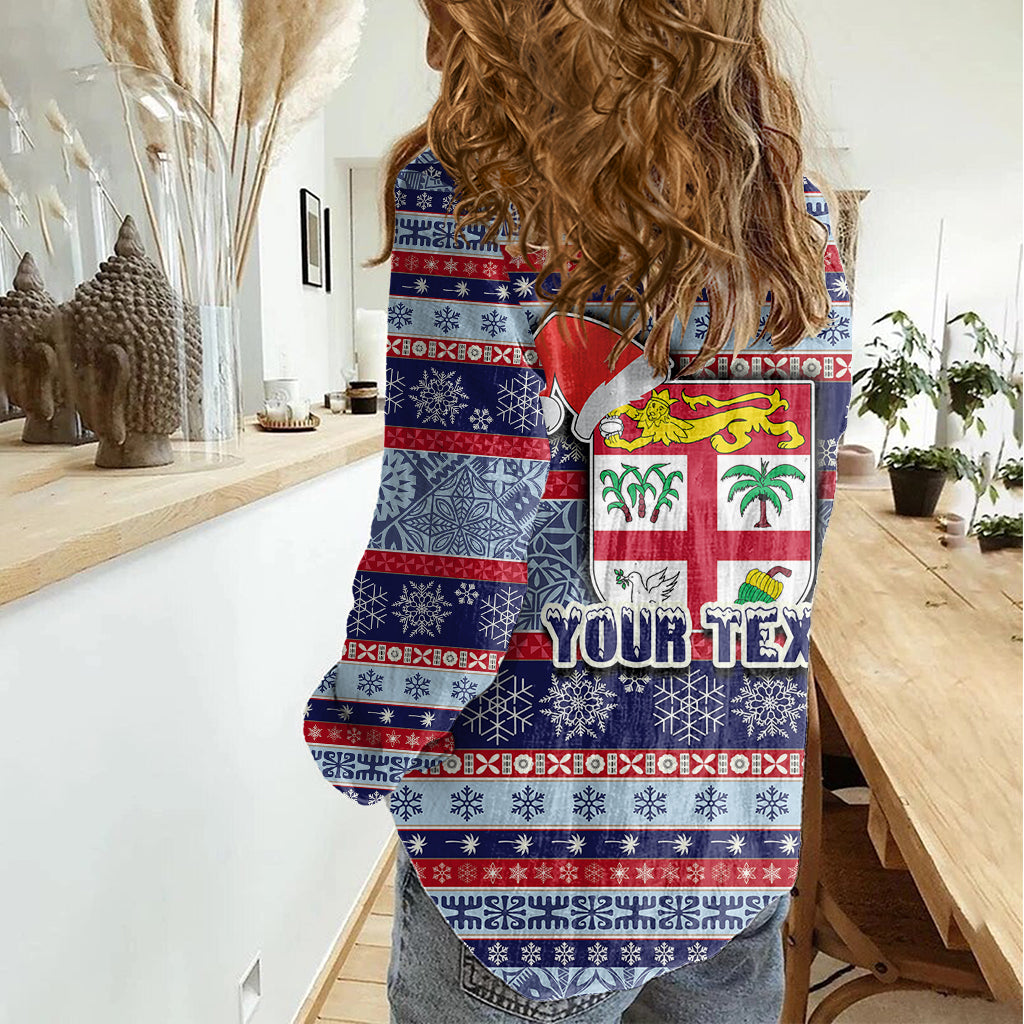 Custom Fiji Christmas Women Casual Shirt Fijian Santa and Coat of Arms Mix Tapa Pattern Striped Style LT03 - Polynesian Pride