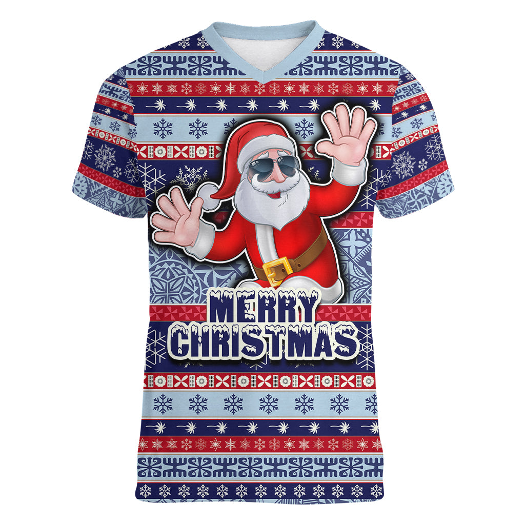 custom-fiji-christmas-women-v-neck-t-shirt-fijian-santa-and-coat-of-arms-mix-tapa-pattern-striped-style