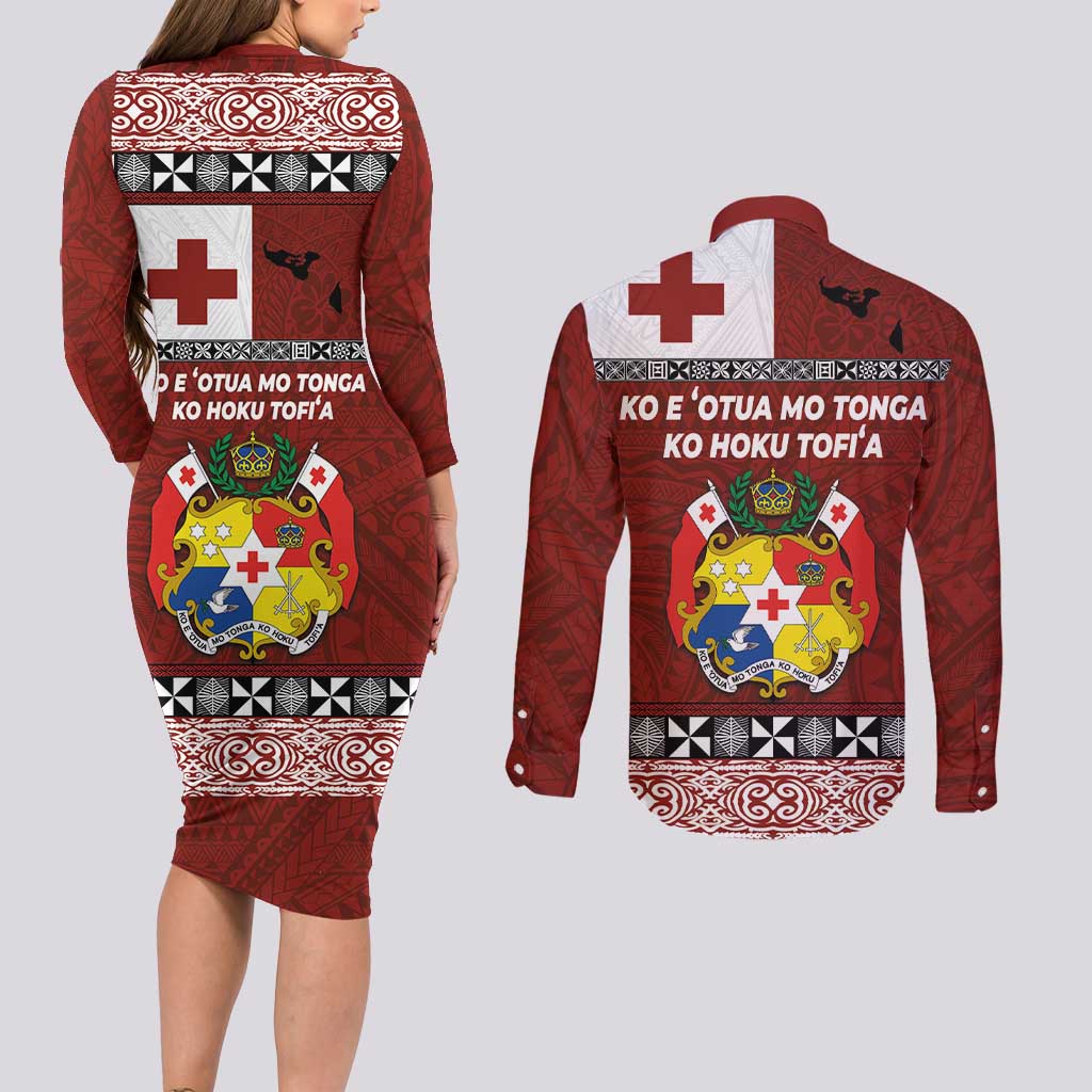 Tongan Culture Couples Matching Long Sleeve Bodycon Dress and Long Sleeve Button Shirt Ngatu Art Tattoo and Emblem of Tonga LT03 - Polynesian Pride