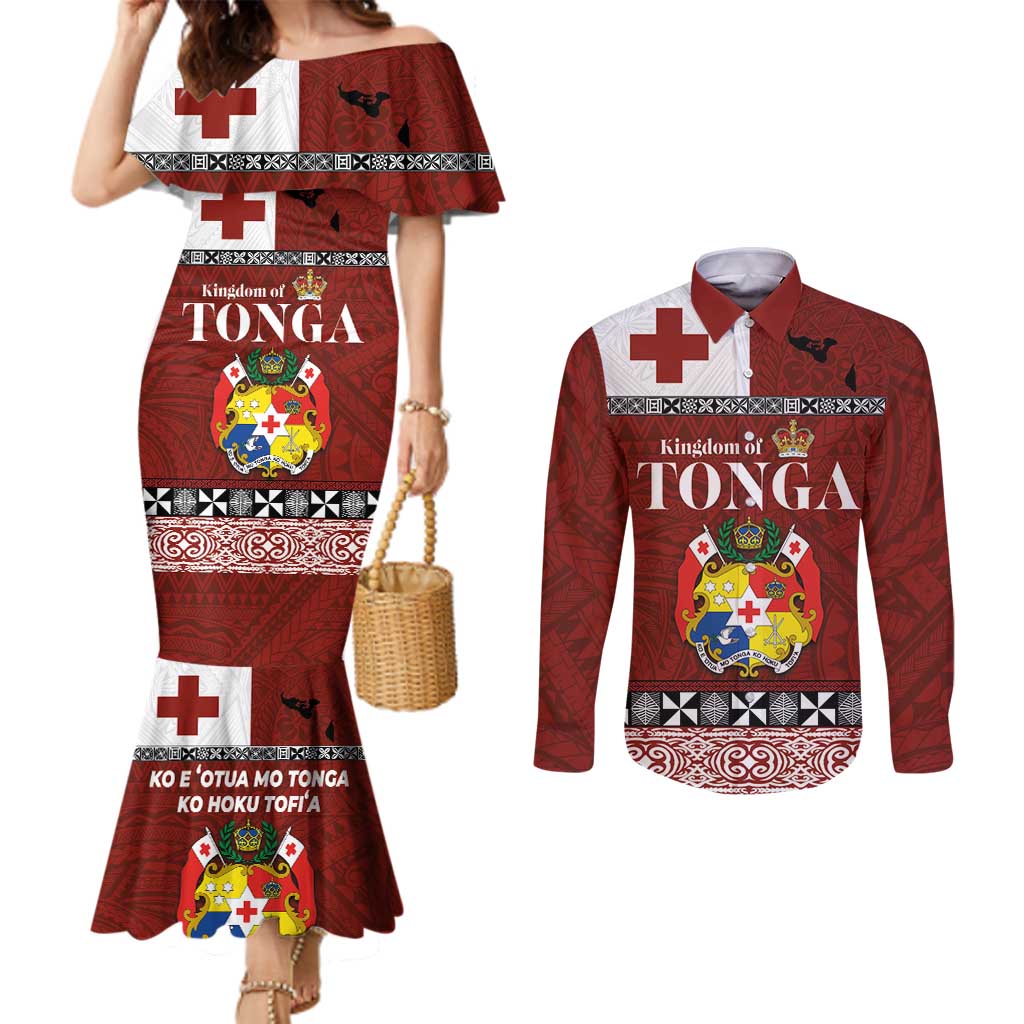 Tongan Culture Couples Matching Mermaid Dress and Long Sleeve Button Shirt Ngatu Art Tattoo and Emblem of Tonga