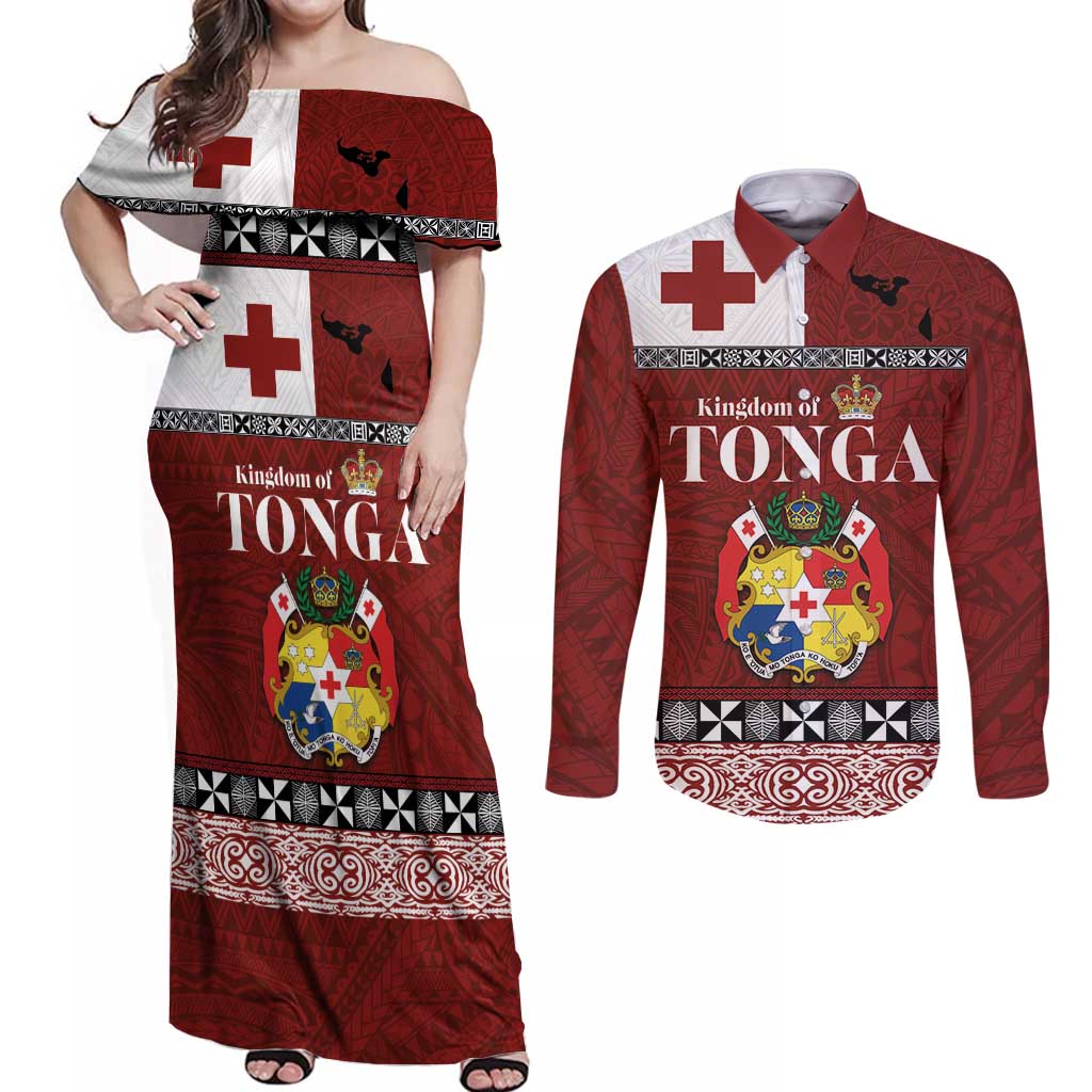 Tongan Culture Couples Matching Off Shoulder Maxi Dress and Long Sleeve Button Shirt Ngatu Art Tattoo and Emblem of Tonga