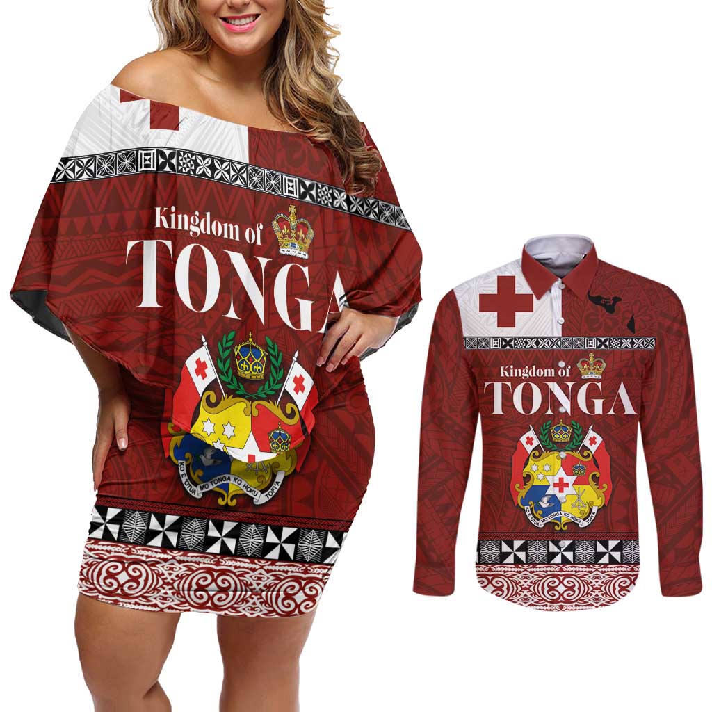 Tongan Culture Couples Matching Off Shoulder Short Dress and Long Sleeve Button Shirt Ngatu Art Tattoo and Emblem of Tonga