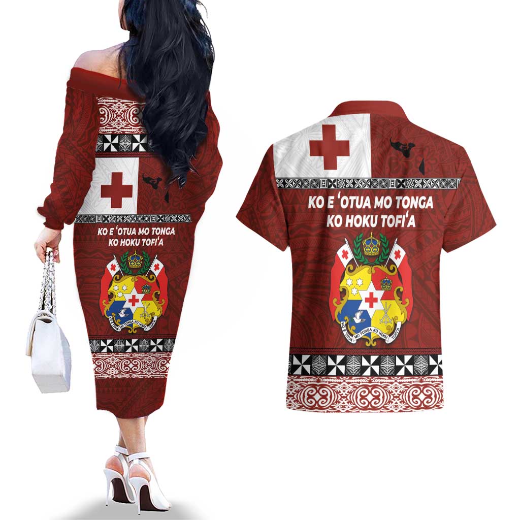 Tongan Culture Couples Matching Off The Shoulder Long Sleeve Dress and Hawaiian Shirt Ngatu Art Tattoo and Emblem of Tonga LT03 - Polynesian Pride