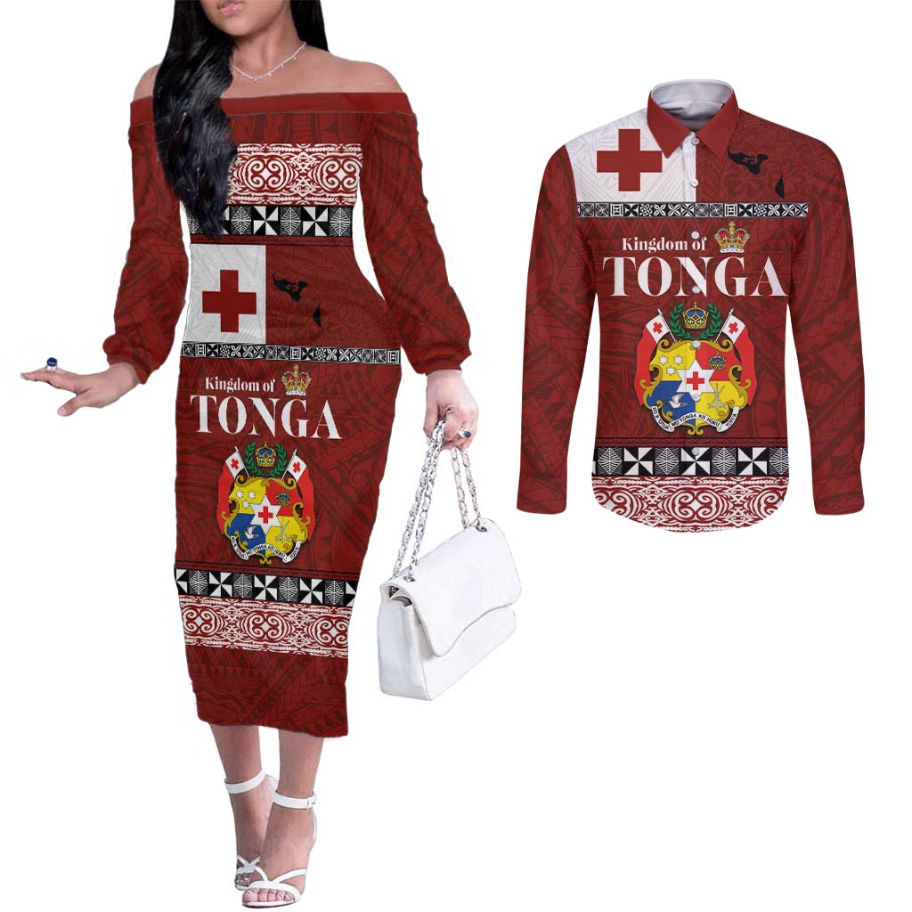 Tongan Culture Couples Matching Off The Shoulder Long Sleeve Dress and Long Sleeve Button Shirt Ngatu Art Tattoo and Emblem of Tonga