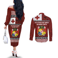 Tongan Culture Couples Matching Off The Shoulder Long Sleeve Dress and Long Sleeve Button Shirt Ngatu Art Tattoo and Emblem of Tonga LT03 - Polynesian Pride