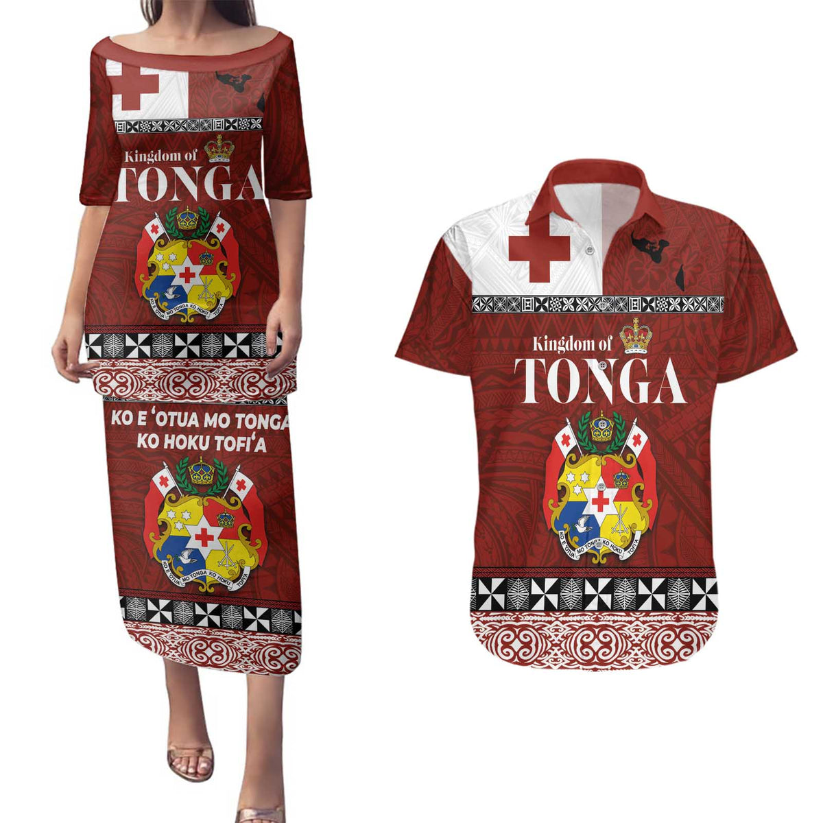 Tongan Culture Couples Matching Puletasi and Hawaiian Shirt Ngatu Art Tattoo and Emblem of Tonga LT03 Red - Polynesian Pride