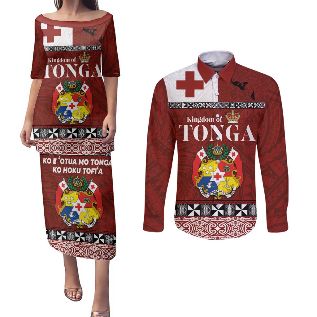 Tongan Culture Couples Matching Puletasi and Long Sleeve Button Shirt Ngatu Art Tattoo and Emblem of Tonga