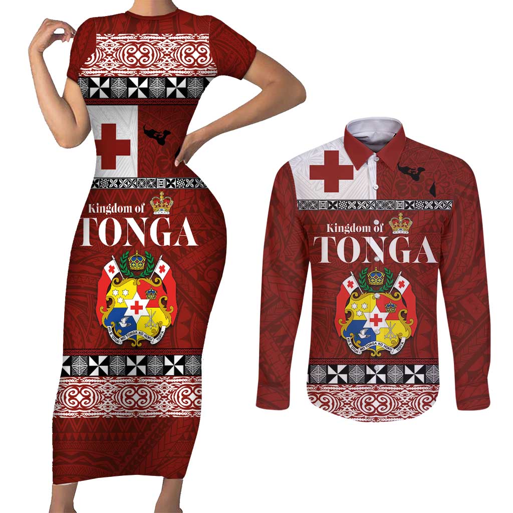 Tongan Culture Couples Matching Short Sleeve Bodycon Dress and Long Sleeve Button Shirt Ngatu Art Tattoo and Emblem of Tonga