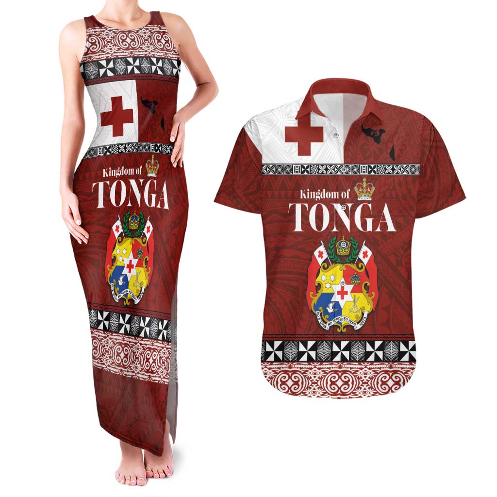Tongan Culture Couples Matching Tank Maxi Dress and Hawaiian Shirt Ngatu Art Tattoo and Emblem of Tonga LT03 Red - Polynesian Pride