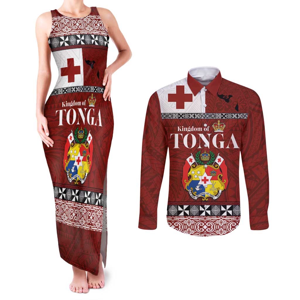 Tongan Culture Couples Matching Tank Maxi Dress and Long Sleeve Button Shirt Ngatu Art Tattoo and Emblem of Tonga