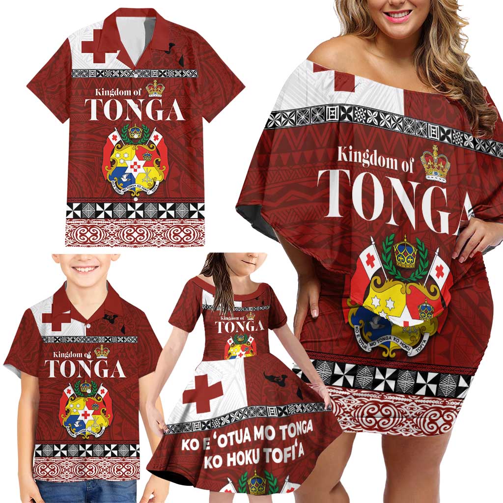 Tongan Culture Family Matching Off Shoulder Short Dress and Hawaiian Shirt Ngatu Art Tattoo and Emblem of Tonga