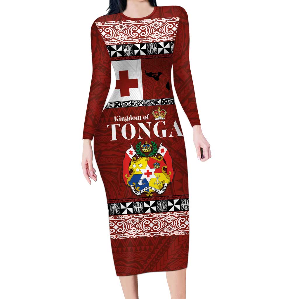 Tongan Culture Long Sleeve Bodycon Dress Ngatu Art Tattoo and Emblem of Tonga