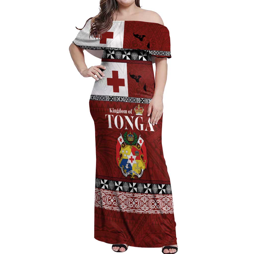 Tongan Culture Off Shoulder Maxi Dress Ngatu Art Tattoo and Emblem of Tonga