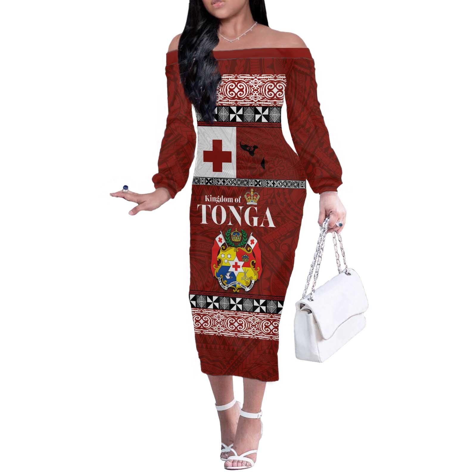 Tongan Culture Off The Shoulder Long Sleeve Dress Ngatu Art Tattoo and Emblem of Tonga