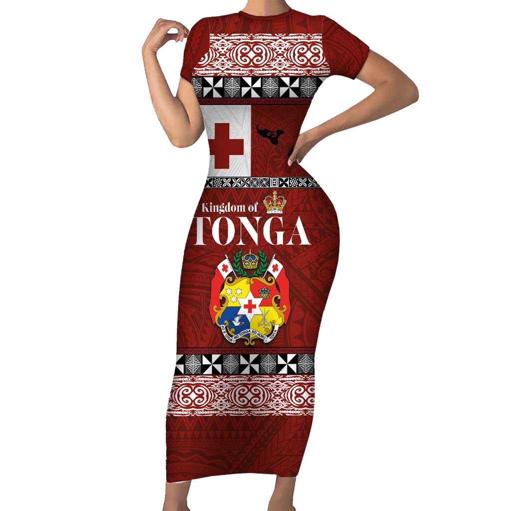 Tongan Culture Short Sleeve Bodycon Dress Ngatu Art Tattoo and Emblem of Tonga