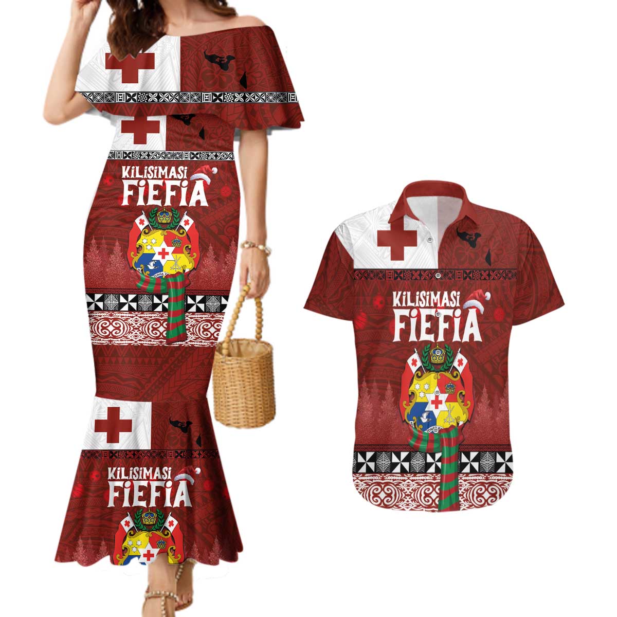 Tongan Christmas Couples Matching Mermaid Dress and Hawaiian Shirt Kilisimasi Fiefia with Ngatu Art Tattoo LT03 Red - Polynesian Pride