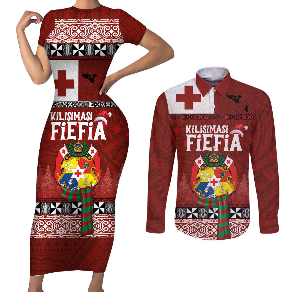 Tongan Christmas Couples Matching Short Sleeve Bodycon Dress and Long Sleeve Button Shirt Kilisimasi Fiefia with Ngatu Art Tattoo