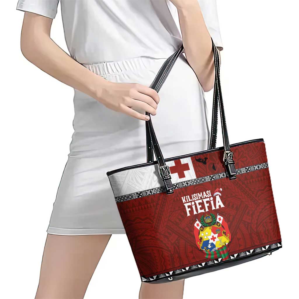 Tongan Christmas Leather Tote Bag Kilisimasi Fiefia with Ngatu Art Tattoo LT03 - Polynesian Pride