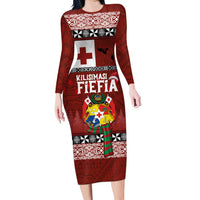 Tongan Christmas Long Sleeve Bodycon Dress Kilisimasi Fiefia with Ngatu Art Tattoo LT03 Long Dress Red - Polynesian Pride