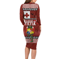 Tongan Christmas Long Sleeve Bodycon Dress Kilisimasi Fiefia with Ngatu Art Tattoo LT03 - Polynesian Pride