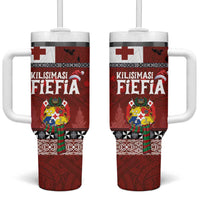 Tongan Christmas Tumbler With Handle Kilisimasi Fiefia with Ngatu Art Tattoo LT03 One Size: 40 oz Red - Polynesian Pride