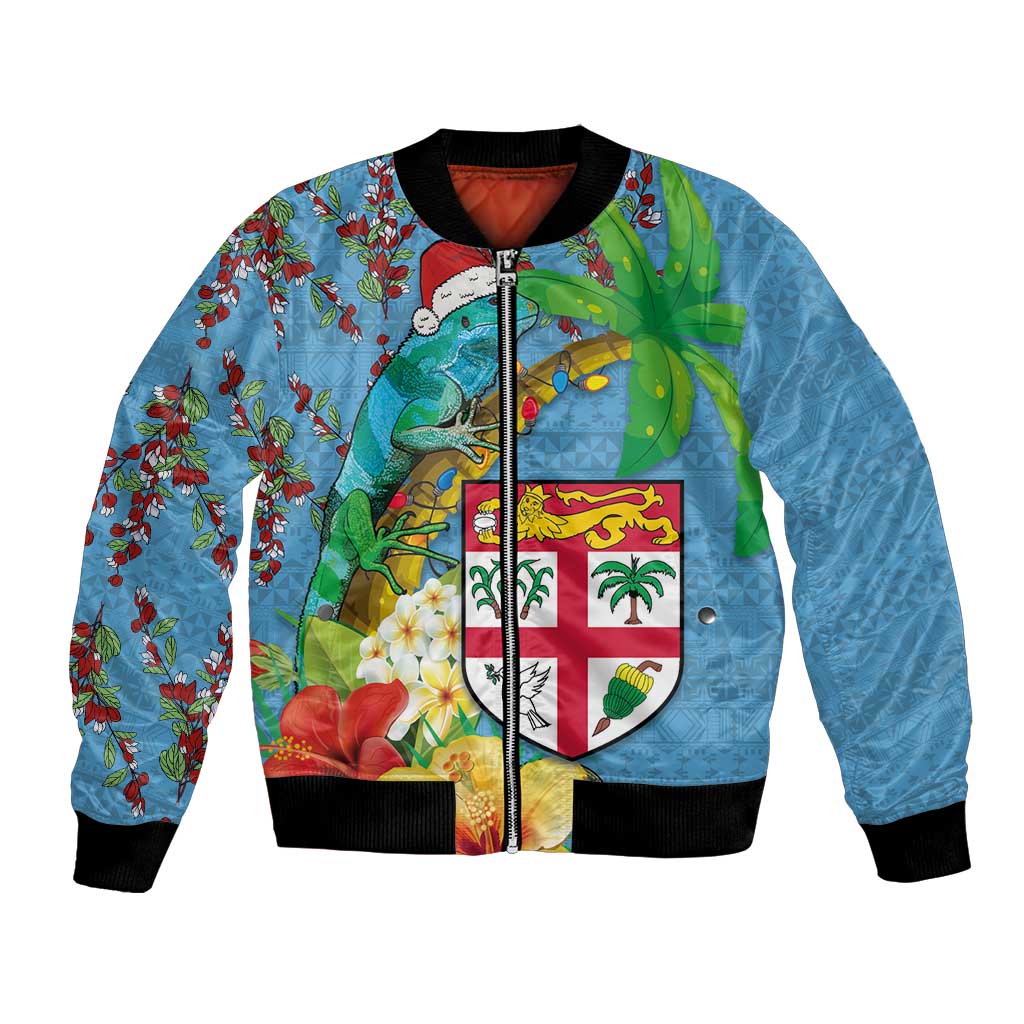 Fijians Iguana Tagimoucia Christmas Bomber Jacket Christmas Palm Tree and Hibiscus