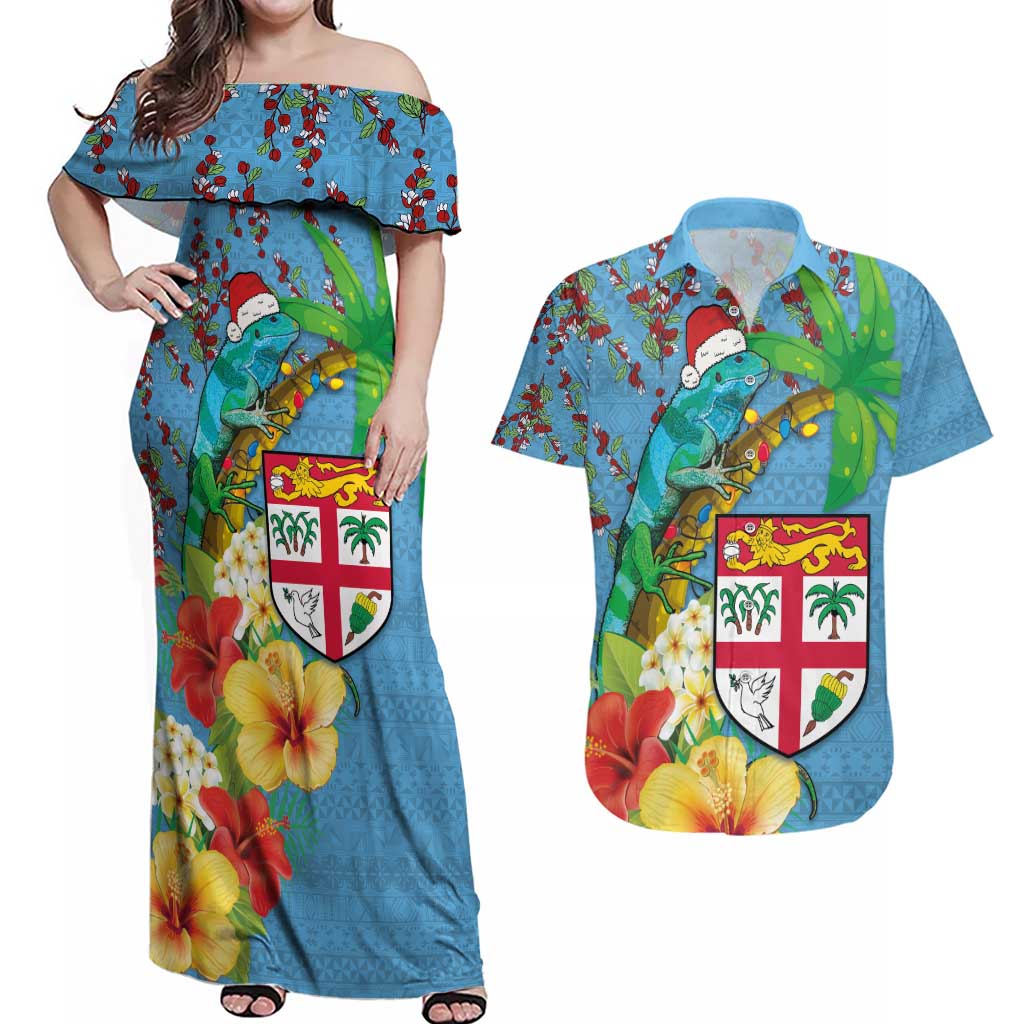 Fijians Iguana Tagimoucia Christmas Couples Matching Off Shoulder Maxi Dress and Hawaiian Shirt Christmas Palm Tree and Hibiscus