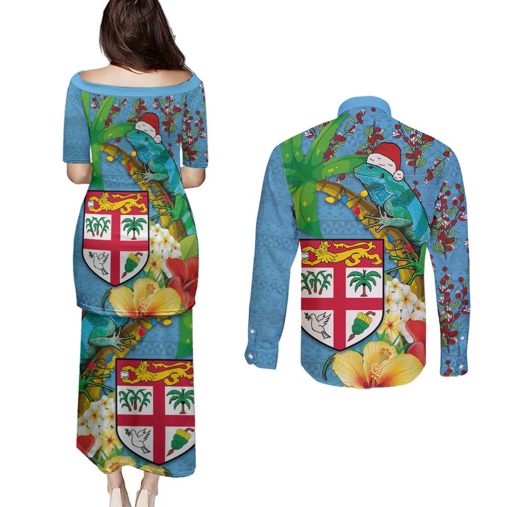 Fijians Iguana Tagimoucia Christmas Couples Matching Puletasi and Long Sleeve Button Shirt Christmas Palm Tree and Hibiscus