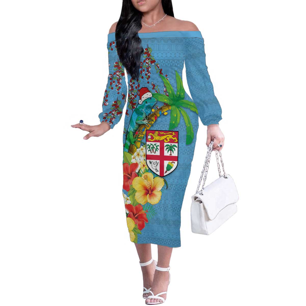 Fijians Iguana Tagimoucia Christmas Family Matching Off The Shoulder Long Sleeve Dress and Hawaiian Shirt Christmas Palm Tree and Hibiscus