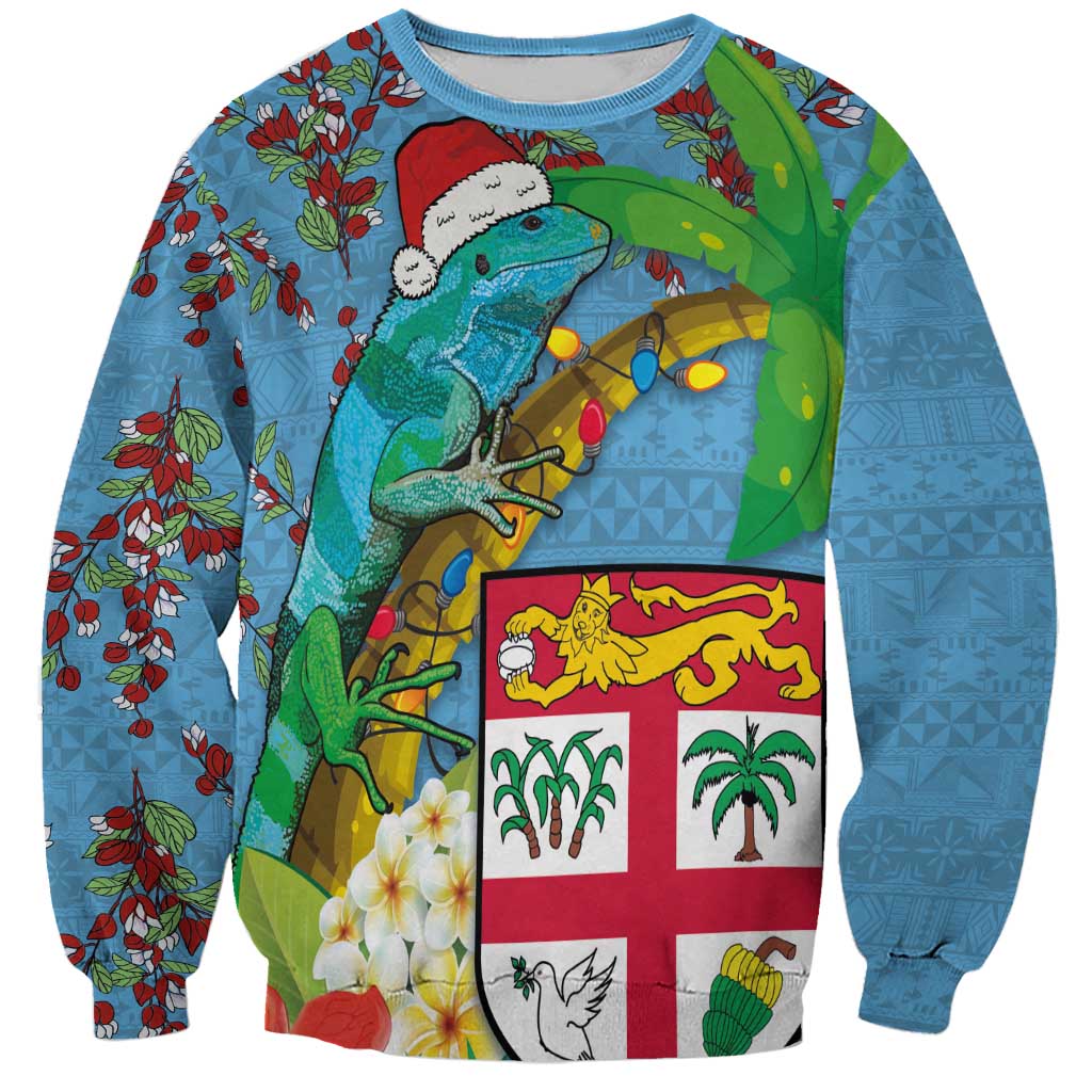 Fijians Iguana Tagimoucia Christmas Sweatshirt Christmas Palm Tree and Hibiscus LT03 Unisex Blue - Polynesian Pride