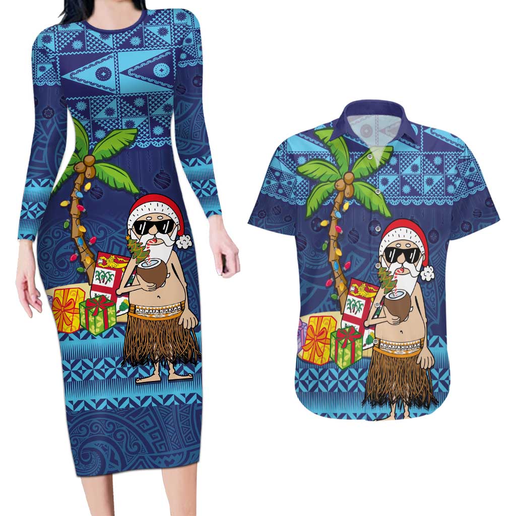 The Funny Santa Wears Sulu Christmas Couples Matching Long Sleeve Bodycon Dress and Hawaiian Shirt Fijian Christmas Palm Tree With Masi Art Tattoo