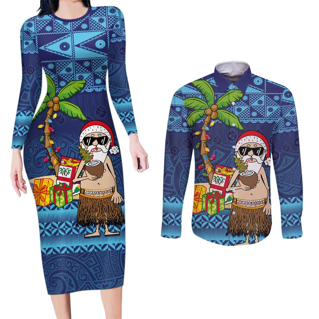The Funny Santa Wears Sulu Christmas Couples Matching Long Sleeve Bodycon Dress and Long Sleeve Button Shirt Fijian Christmas Palm Tree With Masi Art Tattoo LT03 Blue - Polynesian Pride