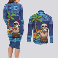 The Funny Santa Wears Sulu Christmas Couples Matching Long Sleeve Bodycon Dress and Long Sleeve Button Shirt Fijian Christmas Palm Tree With Masi Art Tattoo LT03 - Polynesian Pride