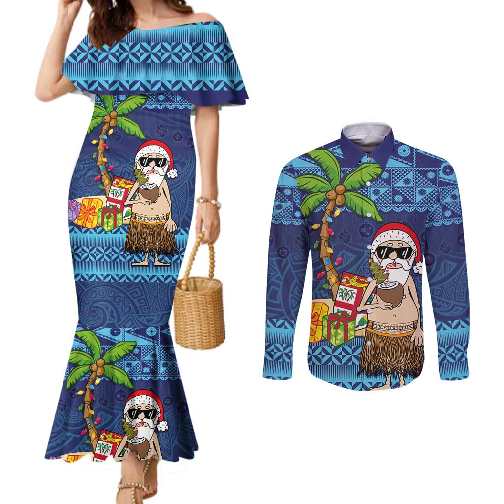 The Funny Santa Wears Sulu Christmas Couples Matching Mermaid Dress and Long Sleeve Button Shirt Fijian Christmas Palm Tree With Masi Art Tattoo LT03 Blue - Polynesian Pride