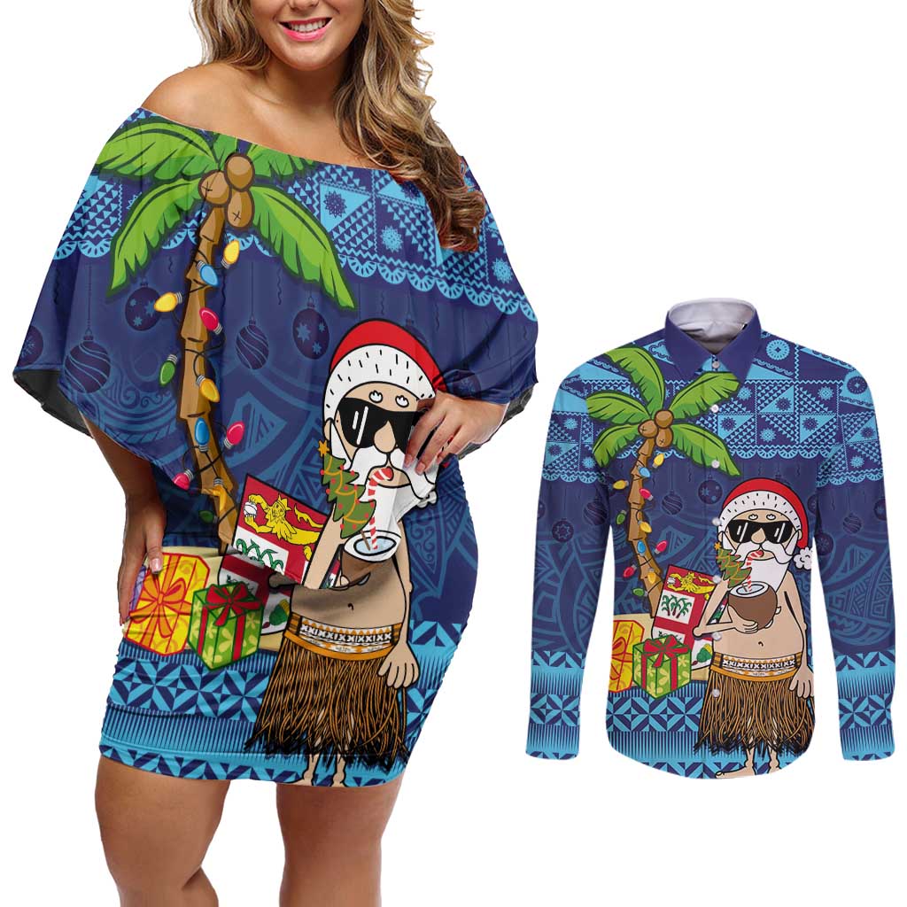 The Funny Santa Wears Sulu Christmas Couples Matching Off Shoulder Short Dress and Long Sleeve Button Shirt Fijian Christmas Palm Tree With Masi Art Tattoo