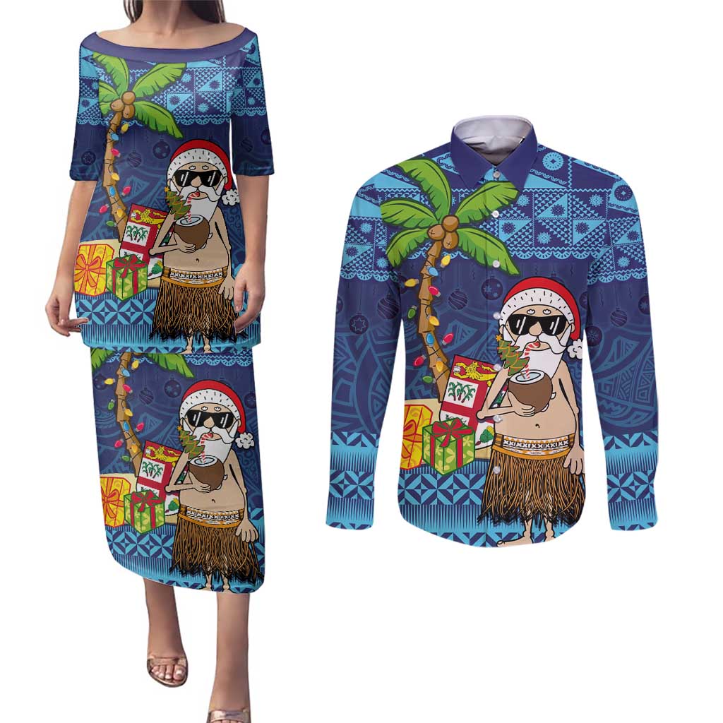 The Funny Santa Wears Sulu Christmas Couples Matching Puletasi and Long Sleeve Button Shirt Fijian Christmas Palm Tree With Masi Art Tattoo LT03 Blue - Polynesian Pride