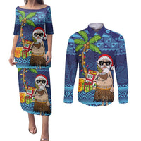The Funny Santa Wears Sulu Christmas Couples Matching Puletasi and Long Sleeve Button Shirt Fijian Christmas Palm Tree With Masi Art Tattoo LT03 Blue - Polynesian Pride